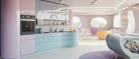 generative ai illustration of a modern pastel colored futuristic kitchenの素材