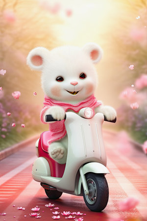 generative ai illustration of cute white teddy bear on a white scooterの素材