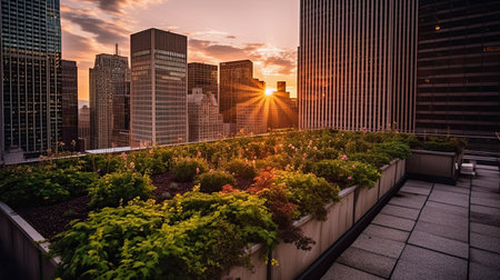 generative ai illustration of a green roof garden on a skyscraper in a big metropolis at sunsetの素材