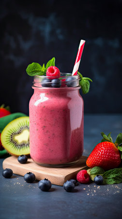 generative ai illustration of a tasty raspberry and blueberry smoothie on dark backgroundの素材