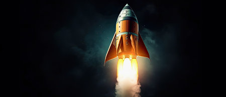 generative ai illustration of a starting rocket against a dark night sky, copy spaceの素材