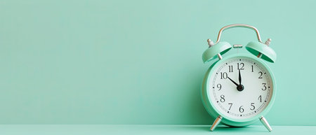 generative ai illustration of a mint colored alarm clock on mint background with copy spaceの素材