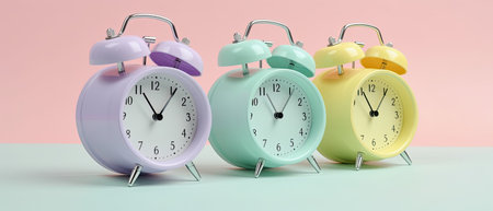generative ai illustration of a violet, mint and yellow colored retro looking alarm clocks on pastel colored backgroundの素材