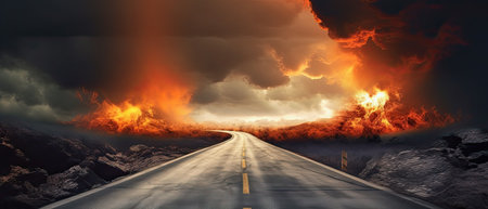 generative ai illustration of a highway to hell, burning landscapeの素材