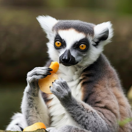 generative ai illustration of a lemur monkey eating a fruitの素材