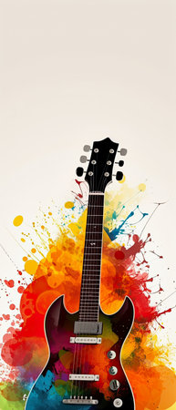 generative ai illustration of an electric guitar with color paint splashes, copy space aboveの素材