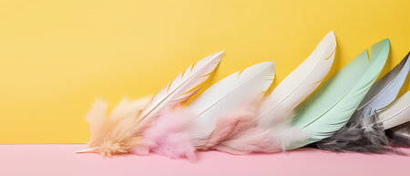 generative ai illustration of feathers on a pink yellow backgroundの素材