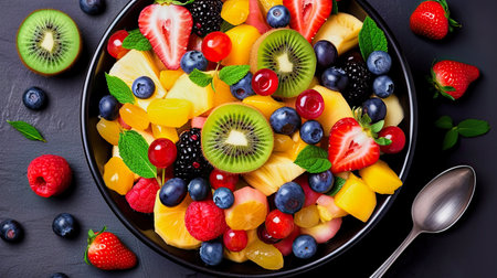 generative ai illustration of a bowl with fresh fruits like berries, kiwi, pineapple or oranges, next to it is a spoonの素材