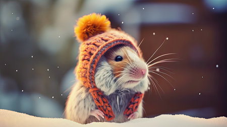generative ai illustration of a cute mouse in winter wearing a hatの素材