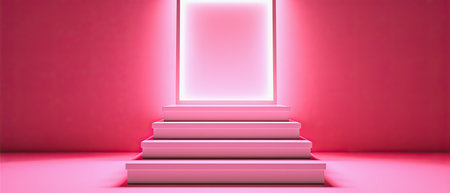 generative ai illustration of a pink modern podium, and a pink lit frame, copy spaceの素材