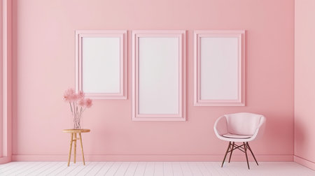 generative ai illustration of three blank image frames hanging on a wall in a modern light pink room with an armchairの素材