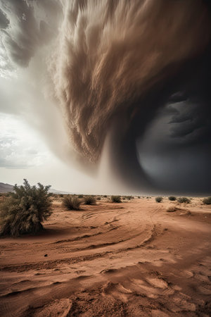 generative AI illustration of a tornado in desert landscapeの素材