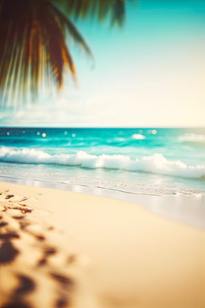 generative ai illustration of an intentionally blurred beach scenery with a beautiful ocean in the sunlightの素材
