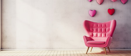 generative ai illustration of a pink armchair with pink decoration on a wooden floor, copy spaceの素材