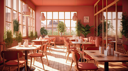 generative ai illustration of a red cafe interior with green plantsの素材