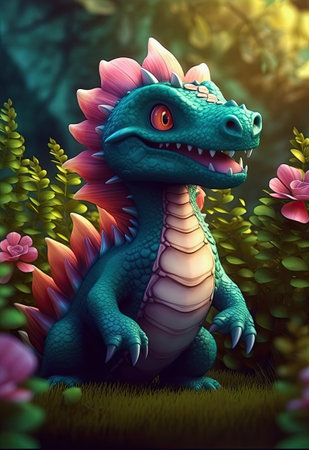 generative ai illustration of a turquoise pink baby dragonの素材
