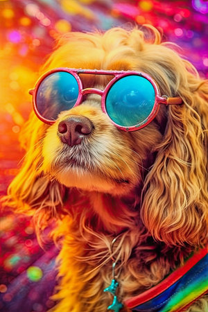 generative ai illustration of a cute hippie dog with glassesの素材