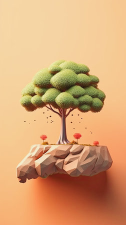 generative ai illustration of a 3d scenery of a green tree on a rock with copy space on orange backgroundの素材