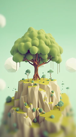 generative ai illustration of a 3d scenery of a green tree on a rock with copy spaceの素材