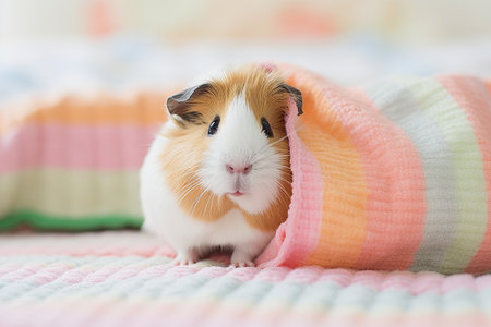 generative ai illustration of a guinea pig under a soft pastel colored blanketの素材