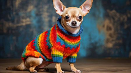 generative ai illustration of a chihuahua in a colorful woolen sweaterの素材
