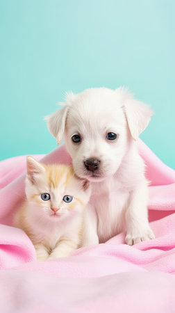 generative ai illustration of a white puppy with a brown kitten on a pink soft blanketの素材