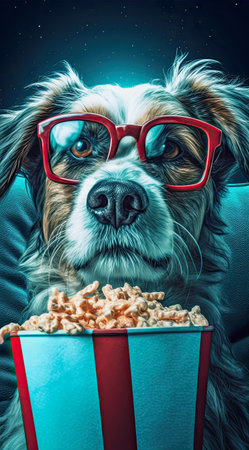 generative ai illustration of a cat wearing 3d glasses, looking at movie and having popcornの素材
