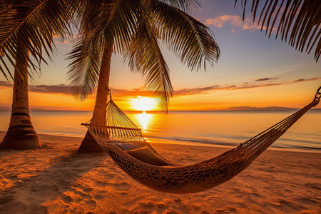 generative ai illustration of a hammock between palm trees on the beach at sunsetの素材
