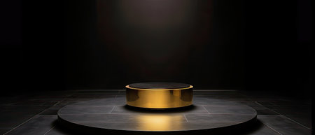 generative ai illustration of a golden pedestal in a black minimalistic roomの素材