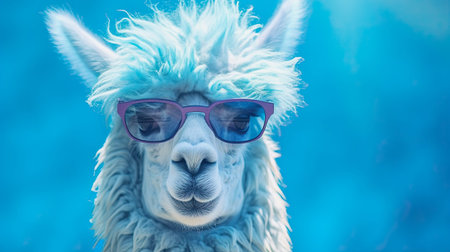 generative ai illustration of cute alpaca portrait with sunglasses against blue backgroundの素材