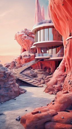 generative AI illustration of a modern house built in orange rocksの素材