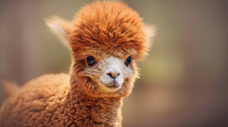 generative ai illustration of a cute baby alpaca against brown background with copy spaceの素材