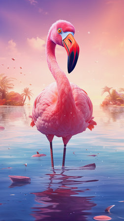 ai generated fantasy illustration of a flamingo on holiday standing in water in front of a moody sunset skyの素材