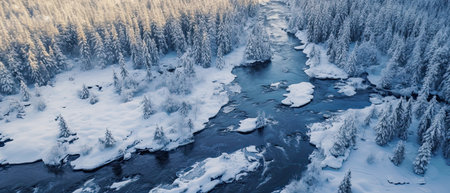 landscape illustration with a forest covered with snow by a frozen river seen from high perspective, generative midjourney aiの素材