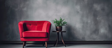 generative ai illustration of a red armchair with decoration on a gray floor, copy spaceの素材