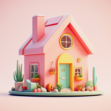 ai midjourney generated 3d illustration of a tiny pink house modelの素材