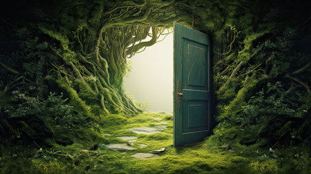 generative ai illustration of a green door in a magic forest to an unknown worldの素材