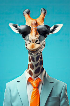 funny giraffe with sunglasses in business suit against blue background, generative aiの素材