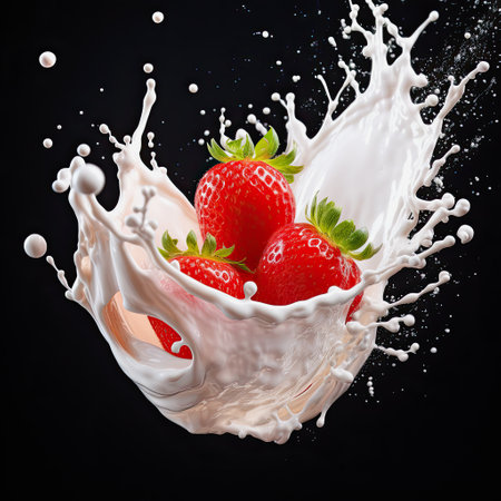 generative ai illustration of splashing cream with strawberries on black backgroundの素材