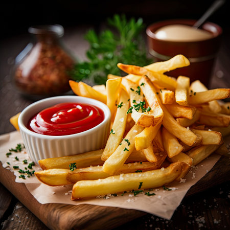 generative ai illustration of fresh french fries on a wooden table with ketchupの素材