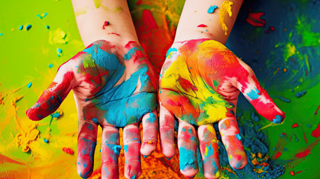 generative ai illustration of children hands fully painted with finger paintの素材