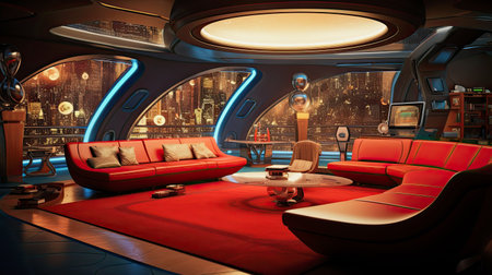 Generative AI illustration of a futuristic living room with a stunning city viewの素材