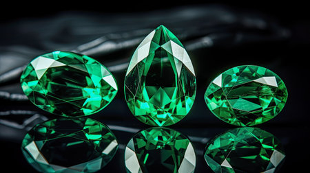 generative ai illustration of three green cut and polished emeraldsの素材