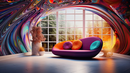 generative ai illustration of a psychedelic colored room with a purple sofa insideの素材