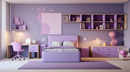 ai generative, children room with purple interiorの素材