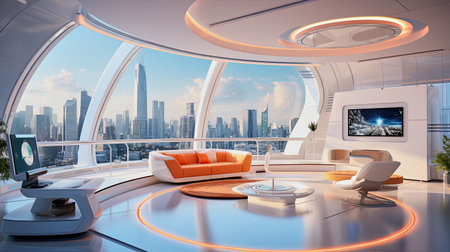 AI generative, futuristic modern living room with city viewの素材