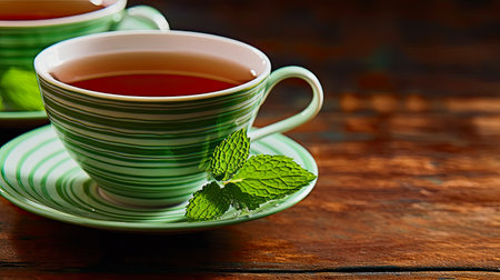 green cup with fresh peppermint tea against wooden backgroundの素材