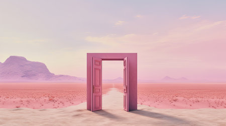 AI generative illustration of a pink wooden open door on a path to dry desert landscapeの素材