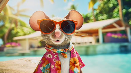 ai generative, cute funny mouse with Hawaiian shirt and sun glasses in front of a holiday resortの素材
