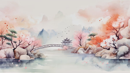 ai generative, illustration of a watercolor zen style backgroundの素材